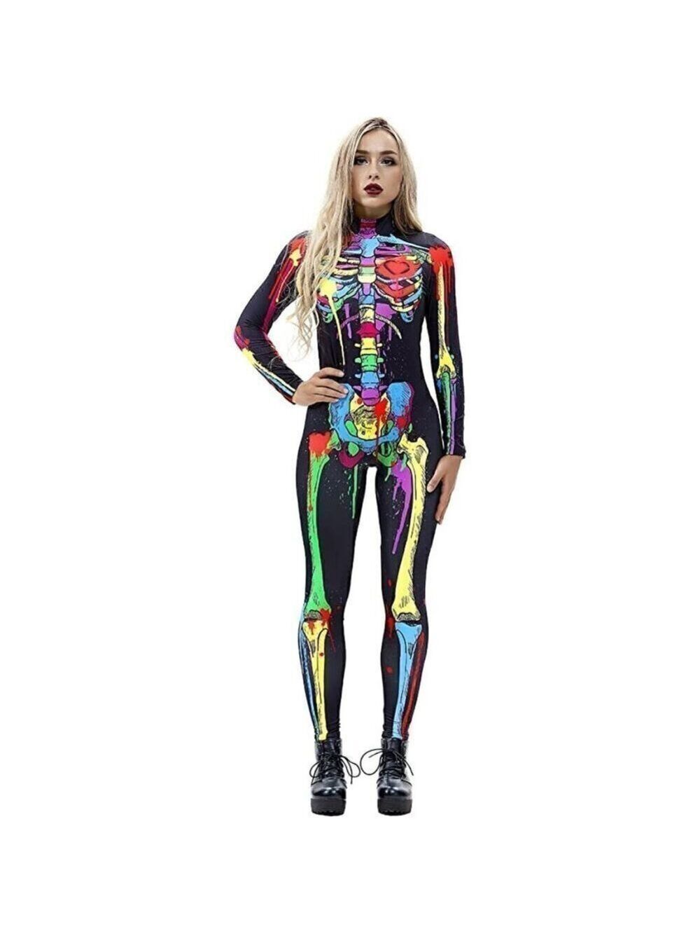 3D Skeleton Halloween Costume Cosplay Jumpsuit Bodysuit Colorful Long Sleeve NWT